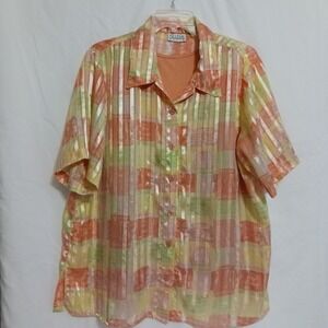 Selene Sport Button Down Shirt Womens 1X Orange Plaid Sheer Metallic Top Exc